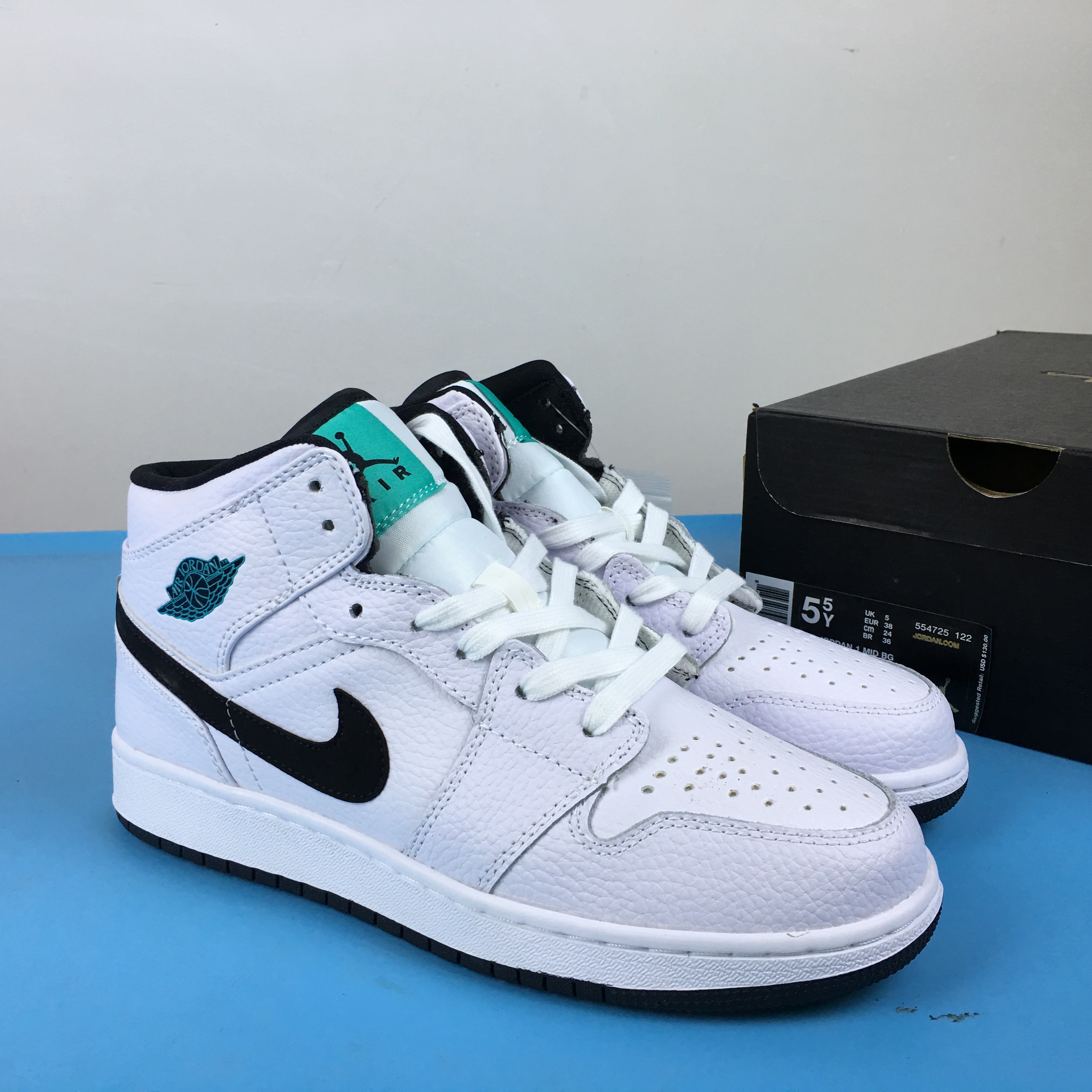 Air Jordan 1 Mid GS Peacock White Shoes - Click Image to Close